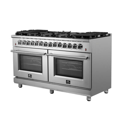 Massimo 60-inch Dual Fuel Range All Stainless Steel with 8 Sealed Burners 142,000BTU , Wok Support & Two Griddles, 8.64 cu.ft. True Convection Double Ovens with  Air Fryer