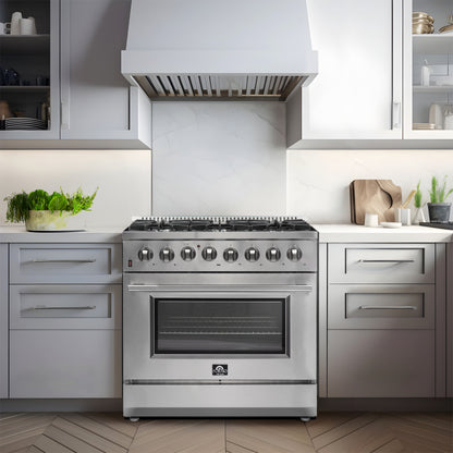 FORNO Premium 3-Piece Kitchen Bundle - Galiano 36" Dual Fuel Range, 36" French Door Refrigerator, 24" Built-In Dishwasher - FBDL-004-02CAUS