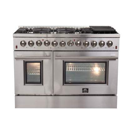 FORNO Premium 3-Piece Kitchen Bundle - FORNO Galiano 48" Freestanding Dual Fuel Range, FORNO Rizzuto 60" W. Dual Combo Convertible Refrigerator, FORNO 48" Wall Mount Range Hood - FBDL-017-02US