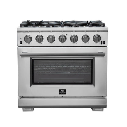 FORNO Premium 2-Piece Kitchen Bundle - Galiano 36" Stainless Steel Range, Forno Moena 36" French Door 19.2 cu. ft Stainless Steel Refrigerator, with Decorative Grill - 40" Wide - FBDL-019-03CAUS