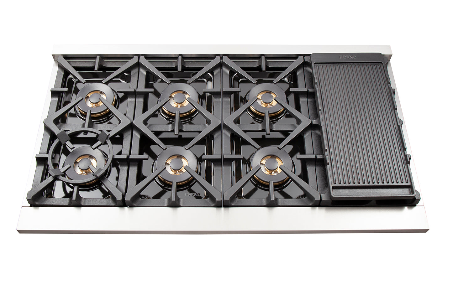 FORNO Capriasca 48-inch Gas Range Stainless Steel, 8 Brass Burners 160,000 BTU, 6.58 cu.ft. Double Oven, White Doors
