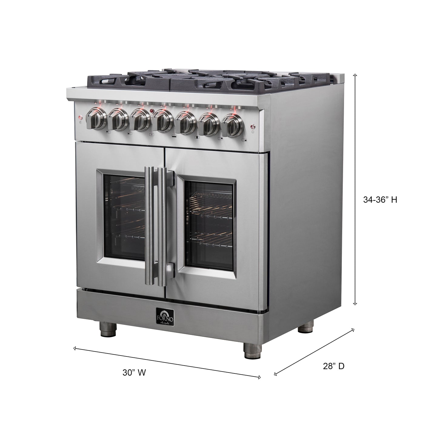 Massimo 30-inch French Door Dual Fuel Range All Stainless Steel with 5 Sealed Burners 68,000BTU , Wok Support, 4.32 cu.ft. True Convection Oven with Air Fryer Kit