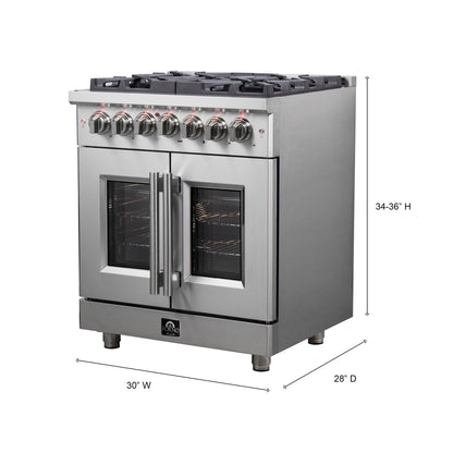 Massimo 30-inch French Door Dual Fuel Range All Stainless Steel with 5 Sealed Burners 68,000BTU , Wok Support, 4.32 cu.ft. True Convection Oven with Air Fryer Kit