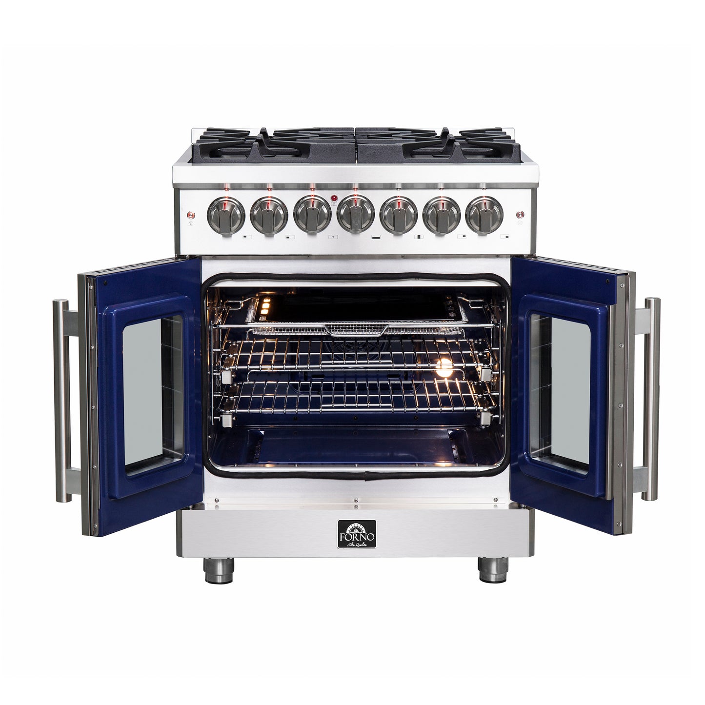 Massimo 30-inch French Door Dual Fuel Range All Stainless Steel with 5 Sealed Burners 68,000BTU , Wok Support, 4.32 cu.ft. True Convection Oven with Air Fryer Kit