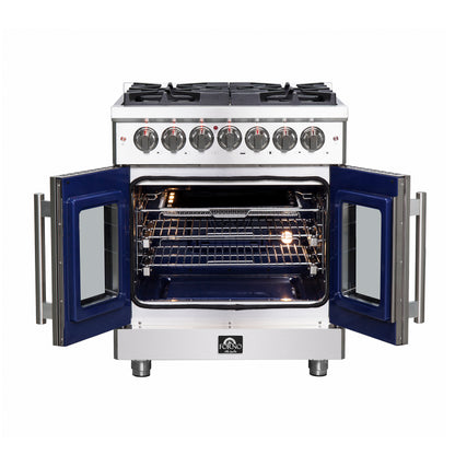 Massimo 30-inch French Door Dual Fuel Range All Stainless Steel with 5 Sealed Burners 68,000BTU , Wok Support, 4.32 cu.ft. True Convection Oven with Air Fryer Kit