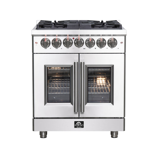 Massimo 30-inch French Door Dual Fuel Range All Stainless Steel with 5 Sealed Burners 68,000BTU , Wok Support, 4.32 cu.ft. True Convection Oven with Air Fryer Kit