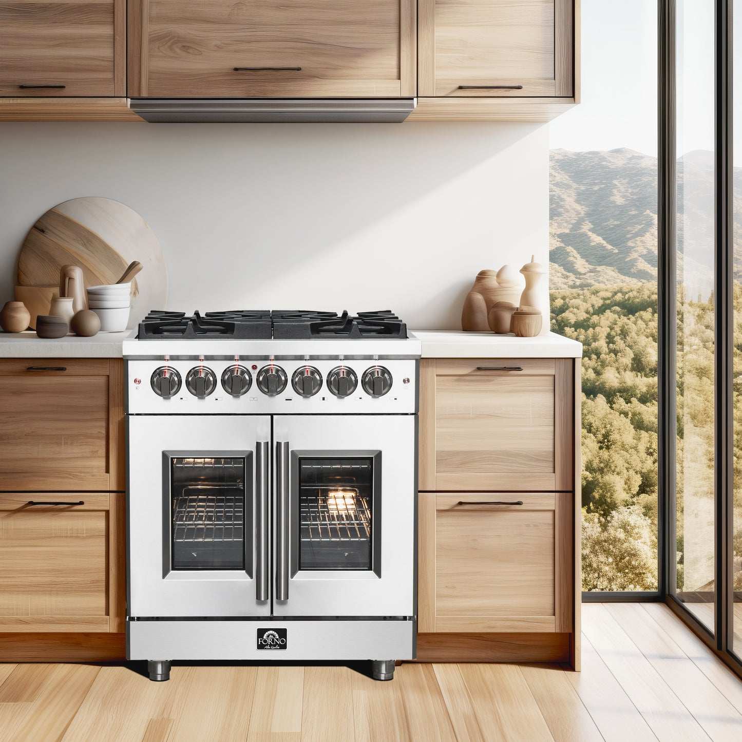 Massimo 30-inch French Door Dual Fuel Range All Stainless Steel with 5 Sealed Burners 68,000BTU , Wok Support, 4.32 cu.ft. True Convection Oven with Air Fryer Kit