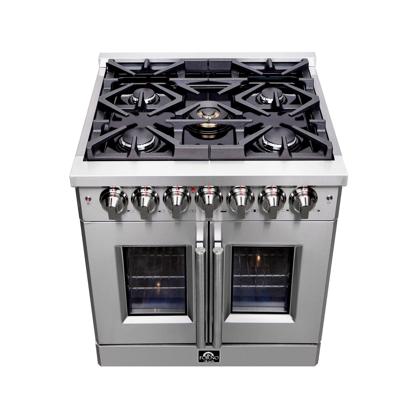 Massimo 30-inch French Door Dual Fuel Range All Stainless Steel with 5 Sealed Burners 68,000BTU , Wok Support, 4.32 cu.ft. True Convection Oven with Air Fryer Kit