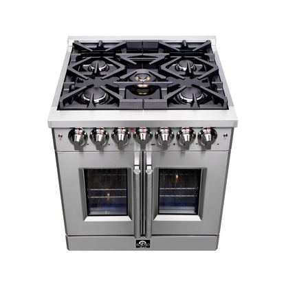 Massimo 30-inch French Door Dual Fuel Range All Stainless Steel with 5 Sealed Burners 68,000BTU , Wok Support, 4.32 cu.ft. True Convection Oven with Air Fryer Kit