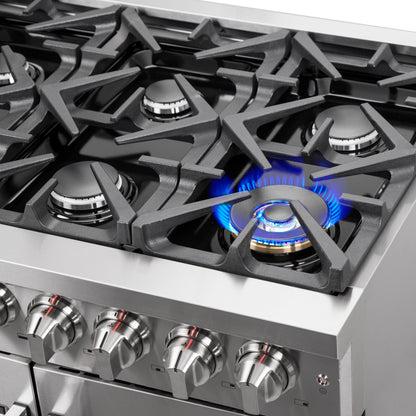Massimo 36-inch Dual Fuel Range All Stainless Steel with 6 Sealed Burners 83,000BTU , Wok Support, 5.36 cu.ft. True Convetion Oven with Air Fryer Kit
