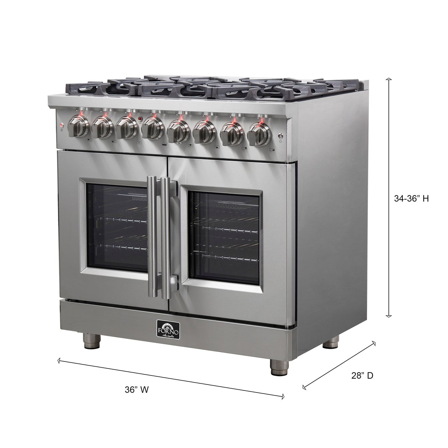 Massimo 36-inch Dual Fuel Range All Stainless Steel with 6 Sealed Burners 83,000BTU , Wok Support, 5.36 cu.ft. True Convetion Oven with Air Fryer Kit