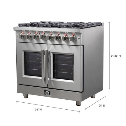 Massimo 36-inch Dual Fuel Range All Stainless Steel with 6 Sealed Burners 83,000BTU , Wok Support, 5.36 cu.ft. True Convetion Oven with Air Fryer Kit
