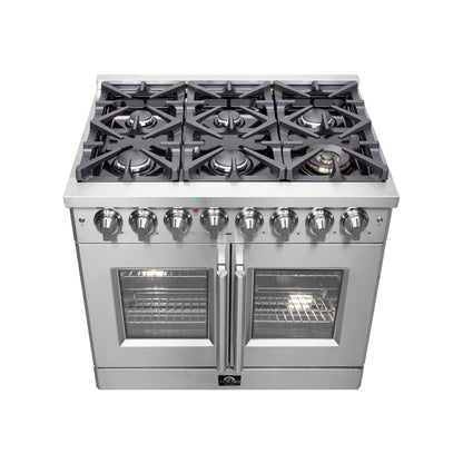 Massimo 36-inch Dual Fuel Range All Stainless Steel with 6 Sealed Burners 83,000BTU , Wok Support, 5.36 cu.ft. True Convetion Oven with Air Fryer Kit