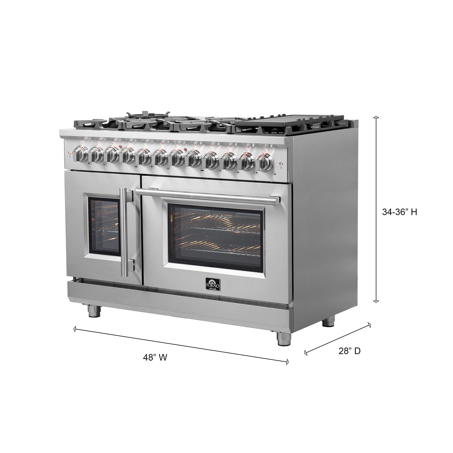 Massimo 48-inch Dual Fuel Range All Stainless Steel with 8 Sealed Burners 107,000BTU , Wok Support, Air Fryer kit & Griddle, 6.58 cu.ft. Double Ovens