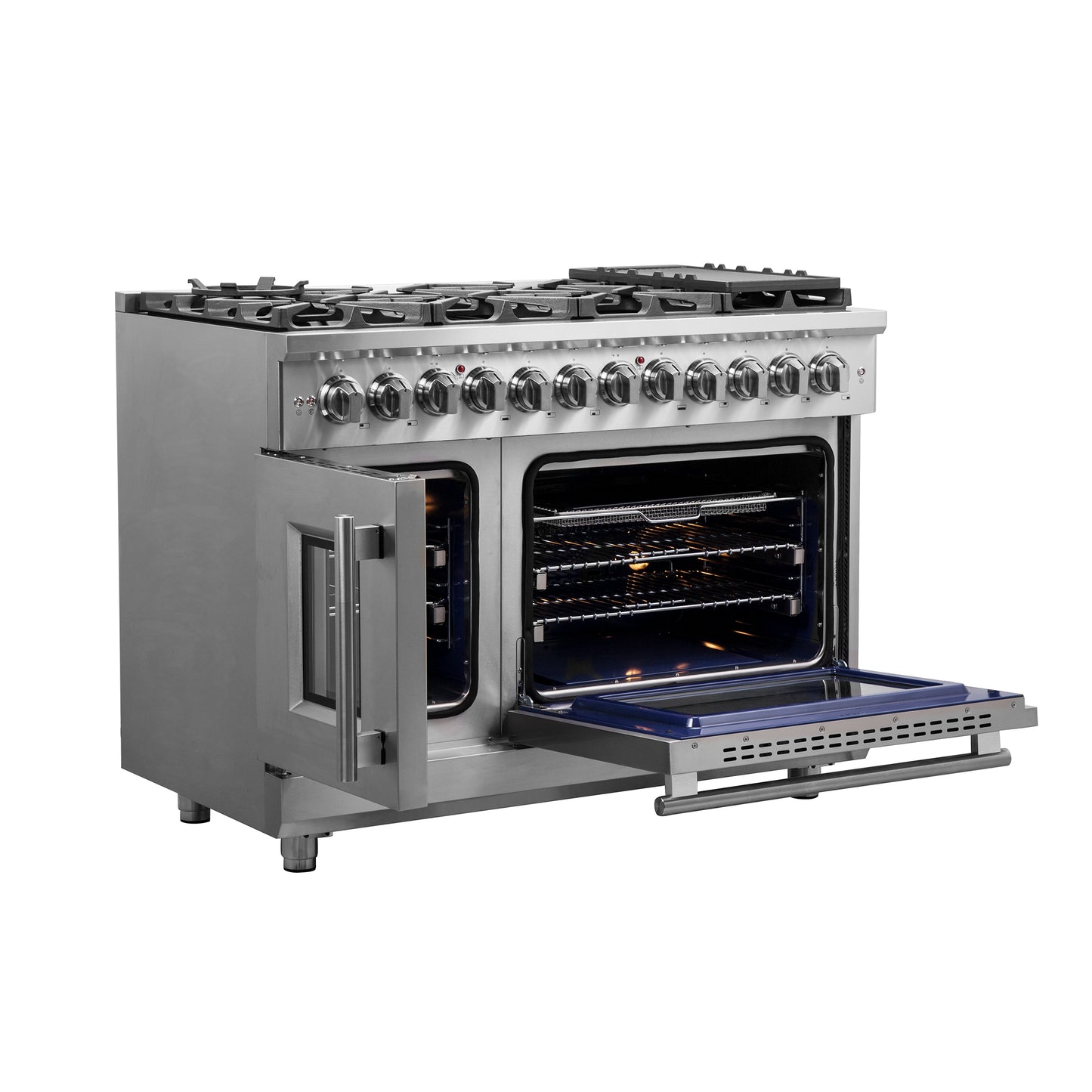 Massimo 48-inch Dual Fuel Range All Stainless Steel with 8 Sealed Burners 107,000BTU , Wok Support, Air Fryer kit & Griddle, 6.58 cu.ft. Double Ovens