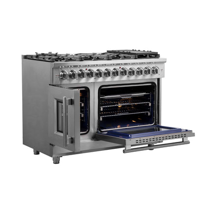 Massimo 48-inch Dual Fuel Range All Stainless Steel with 8 Sealed Burners 107,000BTU , Wok Support, Air Fryer kit & Griddle, 6.58 cu.ft. Double Ovens