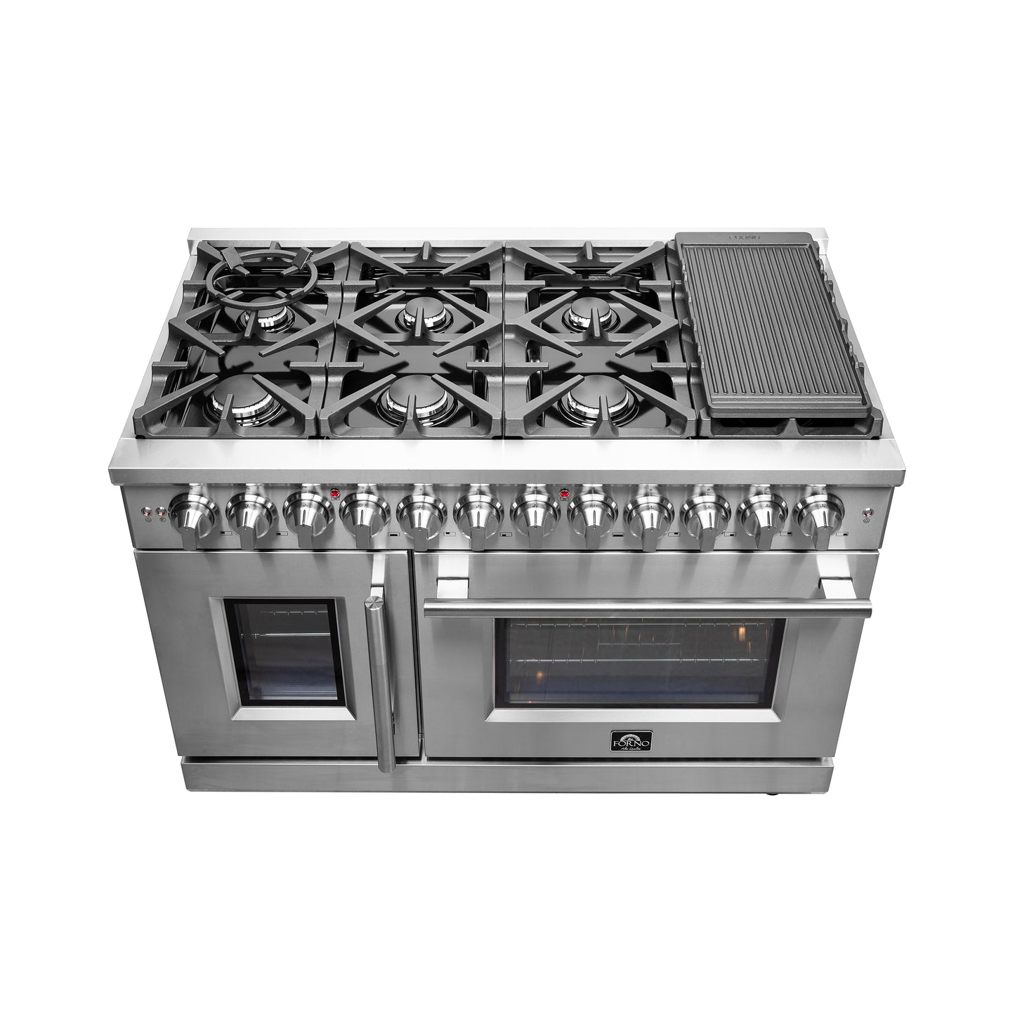 Massimo 48-inch Dual Fuel Range All Stainless Steel with 8 Sealed Burners 107,000BTU , Wok Support, Air Fryer kit & Griddle, 6.58 cu.ft. Double Ovens