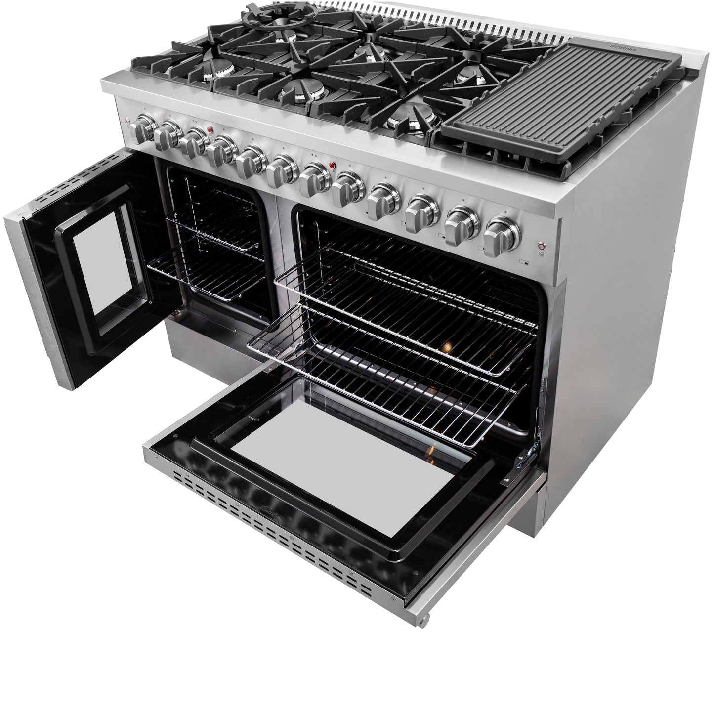 FORNO Galiano 48-Inch French Door Dual Fuel Range All Stainless Steel, 8 Sealed Burners, 107,000 BTU, Griddle, 6.58 cu.ft. Double Ovens
