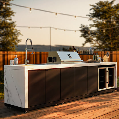 Forno Rimini Outdoor Kitchen: 30" BBQ 62,600 BTU, 4.8 cu.ft. Refrigerators, White Countertops