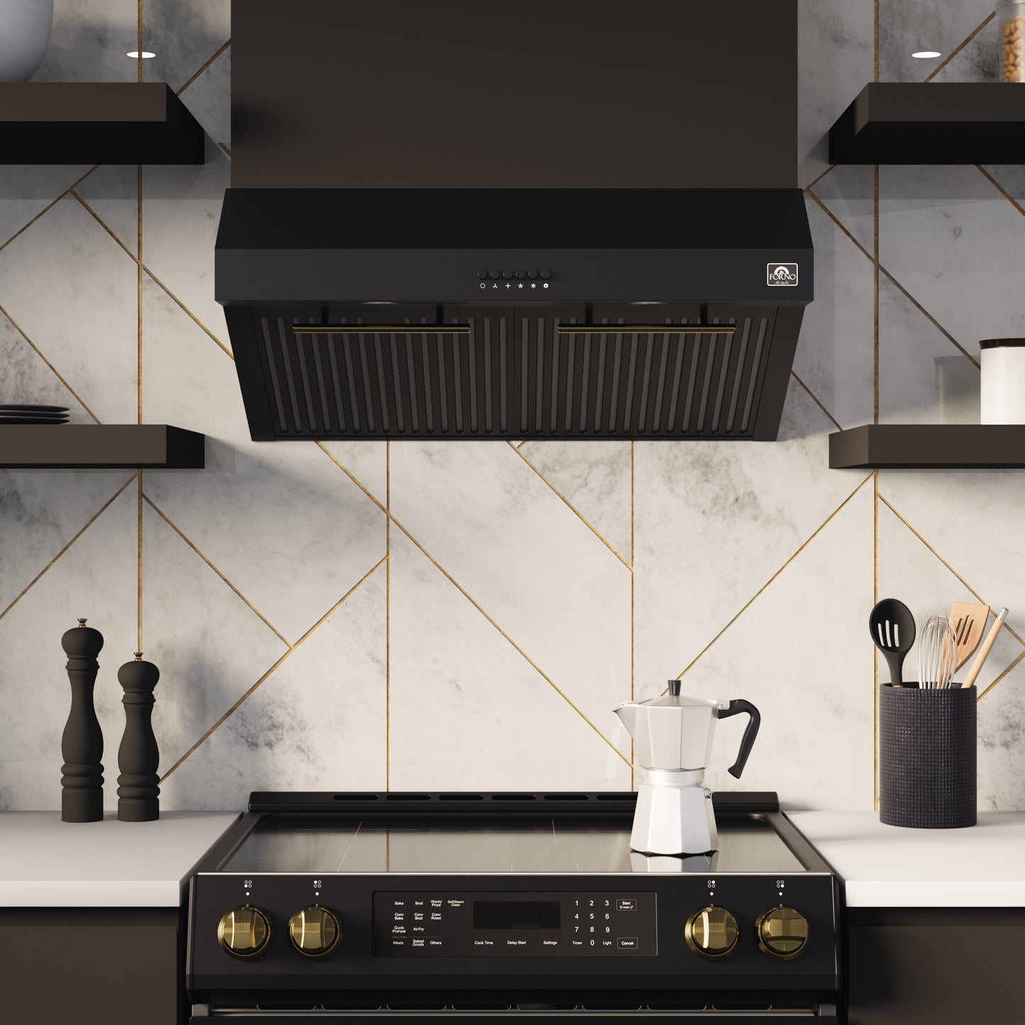 Forno Bari Espresso 30-Inch Under Cabinet Range Hood, Black, 400 CFM, LED Lighting, Dishwasher-Safe Baffle Filters, 3-Speed Fan Control