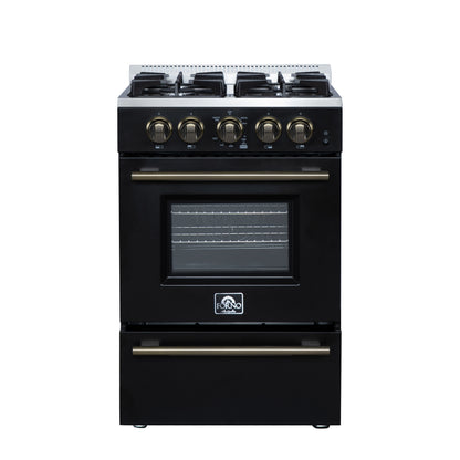 Forno Breno 24 Inch Freestanding Gas Range in Black with Antique Brass, Compact Design
