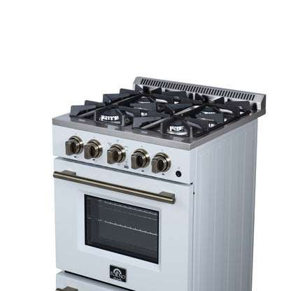 Forno Breno 24 Inch Freestanding Gas Range in White with Antique Brass, Compact Design