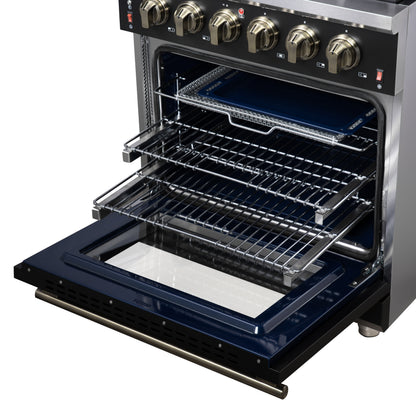 Forno Massimo 30-Inch Black Freestanding Gas Range, 5 Burners, True Convection Oven
