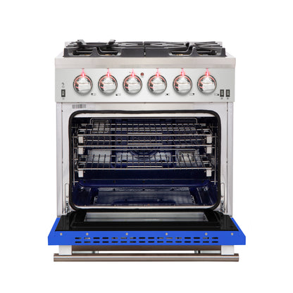 Forno Capriasca 30-Inch Freestanding Gas Range, 4 Burners, True Convection Oven, Blue Door