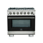 Forno Capriasca 36-Inch Gas Range, Stainless Steel, 6 Brass Burners, 120,000 BTU, Convection Oven, Energy Efficient, Black door