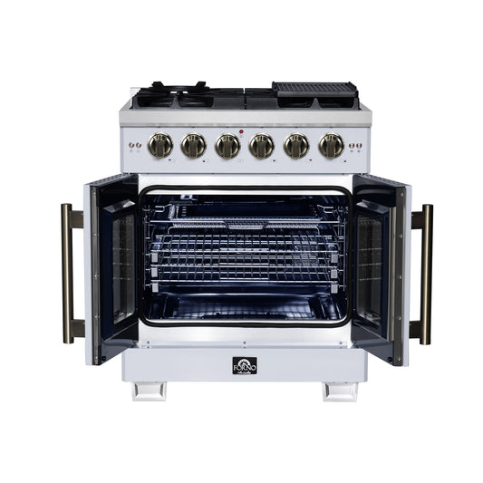 Forno Capriasca 30-Inch White Freestanding French Door Gas Range, 4 Burners, Convection Oven, Energy Efficient