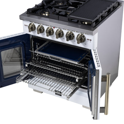 Forno Capriasca 30-Inch White Freestanding French Door Gas Range, 4 Burners, Convection Oven, Energy Efficient