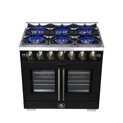 Forno Capriasca 36-Inch Black Freestanding French Door Gas Range, 6 Burners, Convection Oven, Energy Efficient