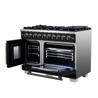 Forno Capriasca 48-Inch Black Freestanding French Door Gas Range, 8 Burners, Convection Oven, Energy Efficient