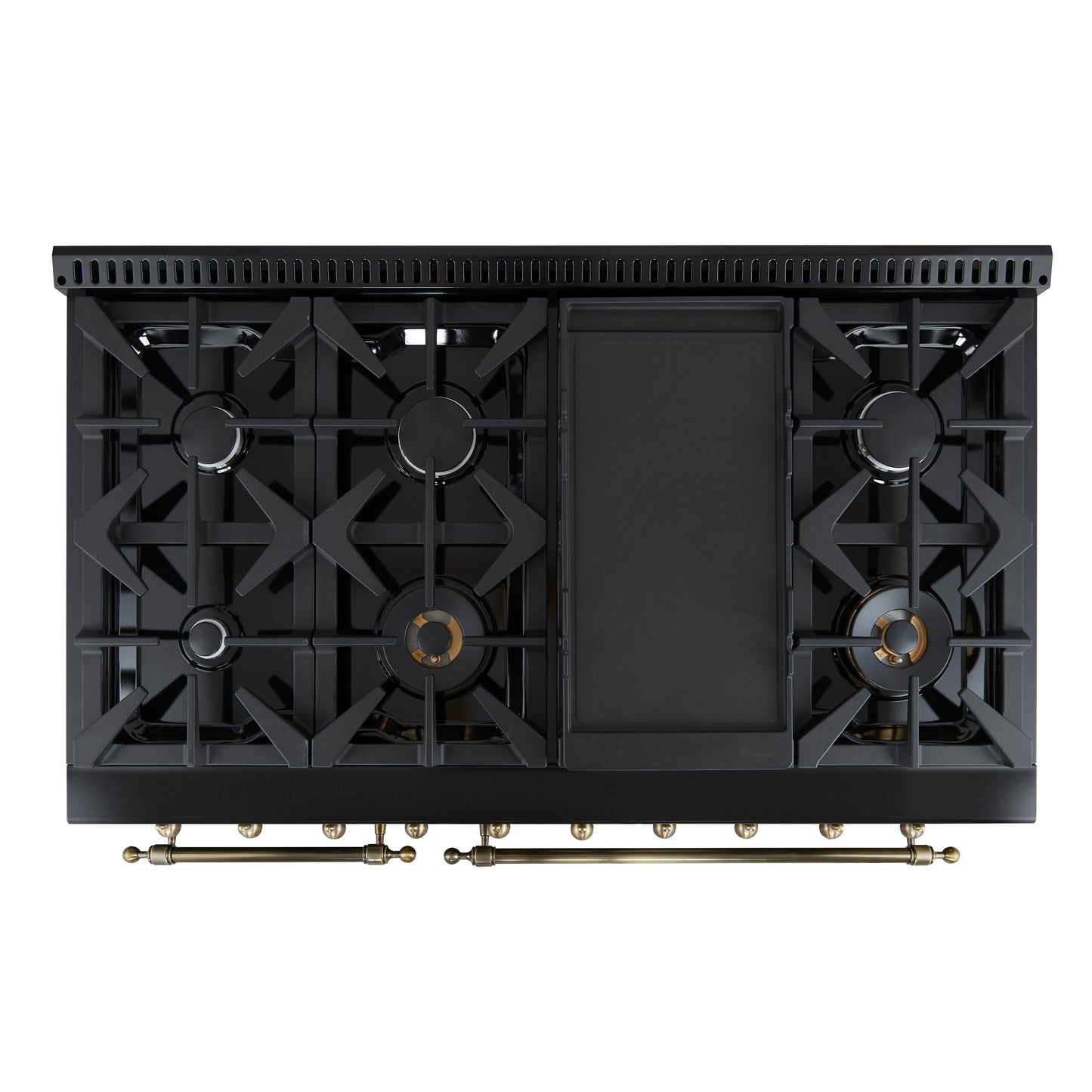 Forno Antico 48-Inch Freestanding Gas Range, Black, Antique Brass Design, 8 Burners, Griddle, Double Ovens, Energy Efficient