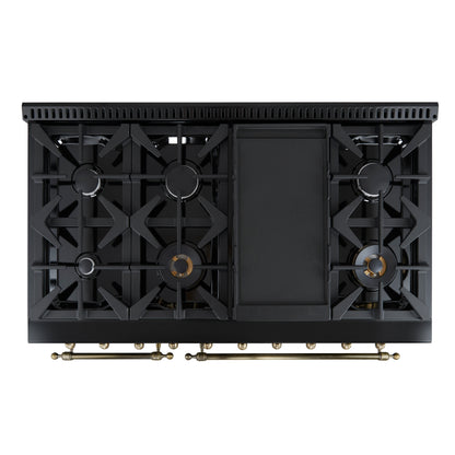 Forno Antico 48-Inch Freestanding Gas Range, Black, Antique Brass Design, 8 Burners, Griddle, Double Ovens, Energy Efficient