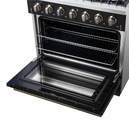Forno Galiano 36-inch Freestanding Gas Range in Black with Antique Brass Design, 6 Burners, 83,000 BTU, 5.36 cu.ft. Convection Oven