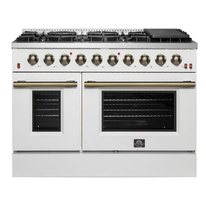 FORNO Galiano 48-inch Gas Range White & Antique Brass Design, 8 Burners, 107,000 BTU, Griddle, 6.58 cu.ft. Double Ovens