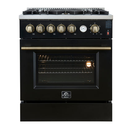 Giovanni 30-inch Gas Range Black & Antique Brass Design, 5 Burners 67,000 BTU, 4.32 cu.ft. Convection Oven