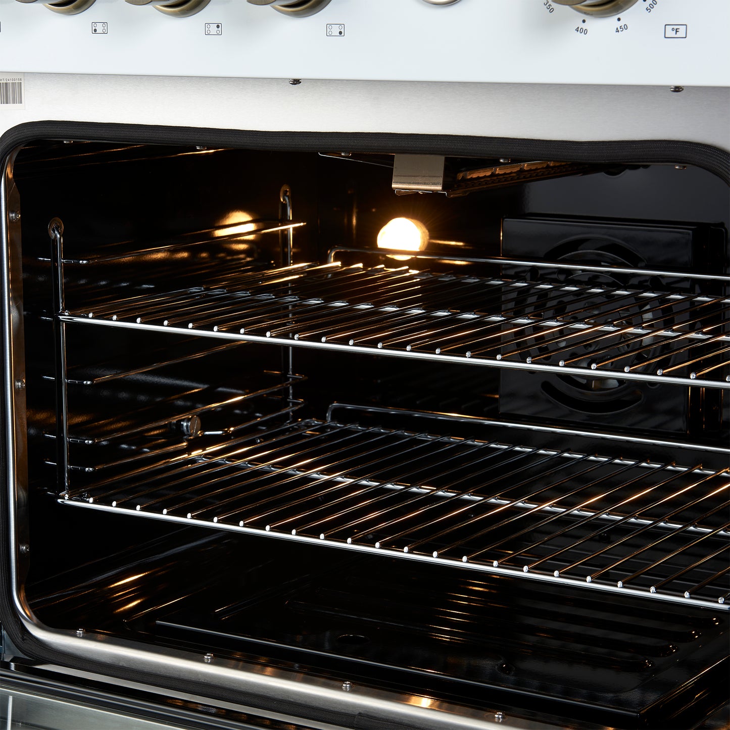Marco 30-inch Gas Range White & Antique Brass Design, 4 Burners 37,000 BTU, 4.32 cu.ft. Convection Oven