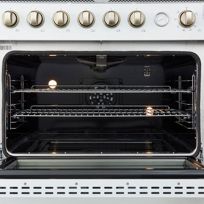 Marco 36-Inch Gas Range White & Antique Brass Design, 6 Burners 67,000 BTU, 5.36 cu.ft. Convection Oven