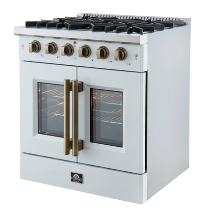 Forno Galiano 30-inch French Door Gas Range
White with Antique Brass Design, 5 Burners,
68,000 BTU, 4.32 cu.ft. Convection Oven