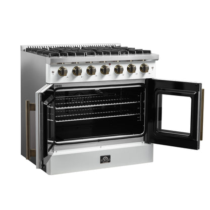 Forno Galiano 36-inch French Door Gas Range White and Antique Brass Design, 6 Sealed Burners 83,000 BTU, 5.36 cu.ft. Convection Oven