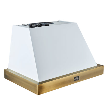 Forno Vittorio 36-Inch Wall Mount Range Hood, White with Antique Brass Trim, 424 CFM Airflow, Dishwasher-Safe Baffle Filters, Remote Control, 3-Speed Fan, Bright LED Lighting.