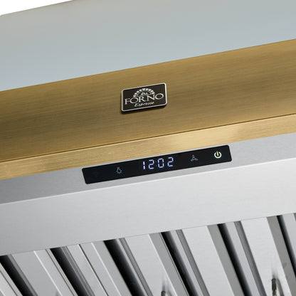 Forno Vittorio 36-Inch Wall Mount Range Hood, White with Antique Brass Trim, 424 CFM Airflow, Dishwasher-Safe Baffle Filters, Remote Control, 3-Speed Fan, Bright LED Lighting.
