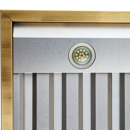 Forno Vittorio 36-Inch Wall Mount Range Hood, White with Antique Brass Trim, 424 CFM Airflow, Dishwasher-Safe Baffle Filters, Remote Control, 3-Speed Fan, Bright LED Lighting.