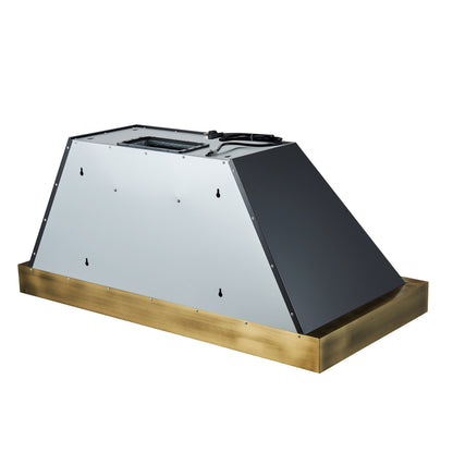 Forno Vittorio 48-Inch Wall Mount Range Hood, Black with Antique Brass Trim, 424 CFM Airflow, Dishwasher-Safe Baffle Filters, Remote Control, 3-Speed Fan, Bright LED Lighting.