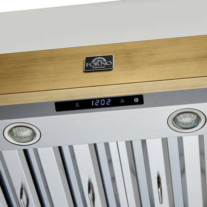 Forno Vittorio 48-Inch Wall Mount Range Hood, White with Antique Brass Trim, 424 CFM Airflow, Dishwasher-Safe Baffle Filters, Remote Control, 3-Speed Fan, Bright LED Lighting