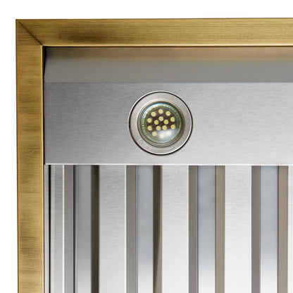 Forno Vittorio 48-Inch Wall Mount Range Hood, White with Antique Brass Trim, 424 CFM Airflow, Dishwasher-Safe Baffle Filters, Remote Control, 3-Speed Fan, Bright LED Lighting