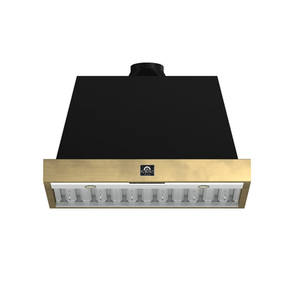 Forno Vittorio 36-Inch Wall Mount Range Hood, Black with Antique Brass Trim, 424 CFM Airflow, Dishwasher-Safe Baffle Filters, Remote Control, 3-Speed Fan, Bright LED Lighting.