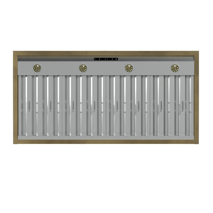 Forno Vittorio 48-Inch Wall Mount Range Hood, White with Antique Brass Trim, 424 CFM Airflow, Dishwasher-Safe Baffle Filters, Remote Control, 3-Speed Fan, Bright LED Lighting